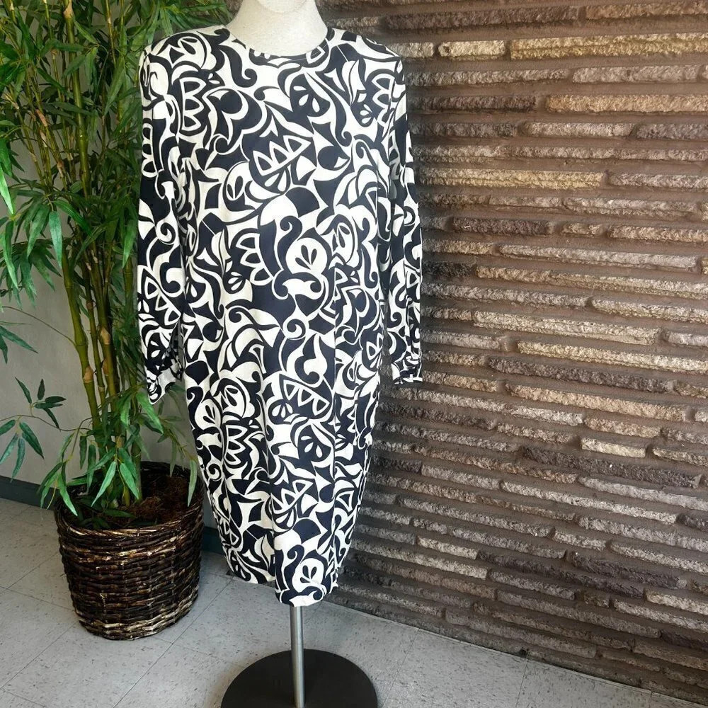 Liz Claiborne Vintage Navy Blue Geometric Scroll Classic Modest Sheath Dress - Picture 7 of 8